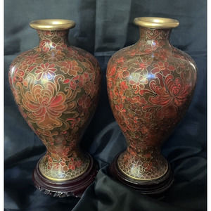 2 Vintage Enamel Cloisonne Chrysanthemum Vases Made in China Happiness Symbol